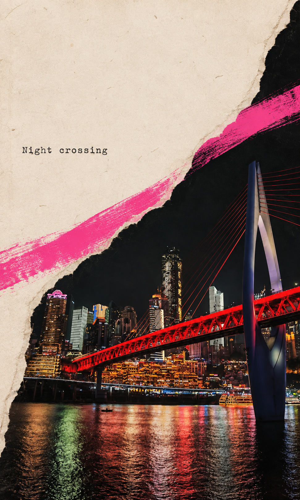 夜色江面上的红色大桥
